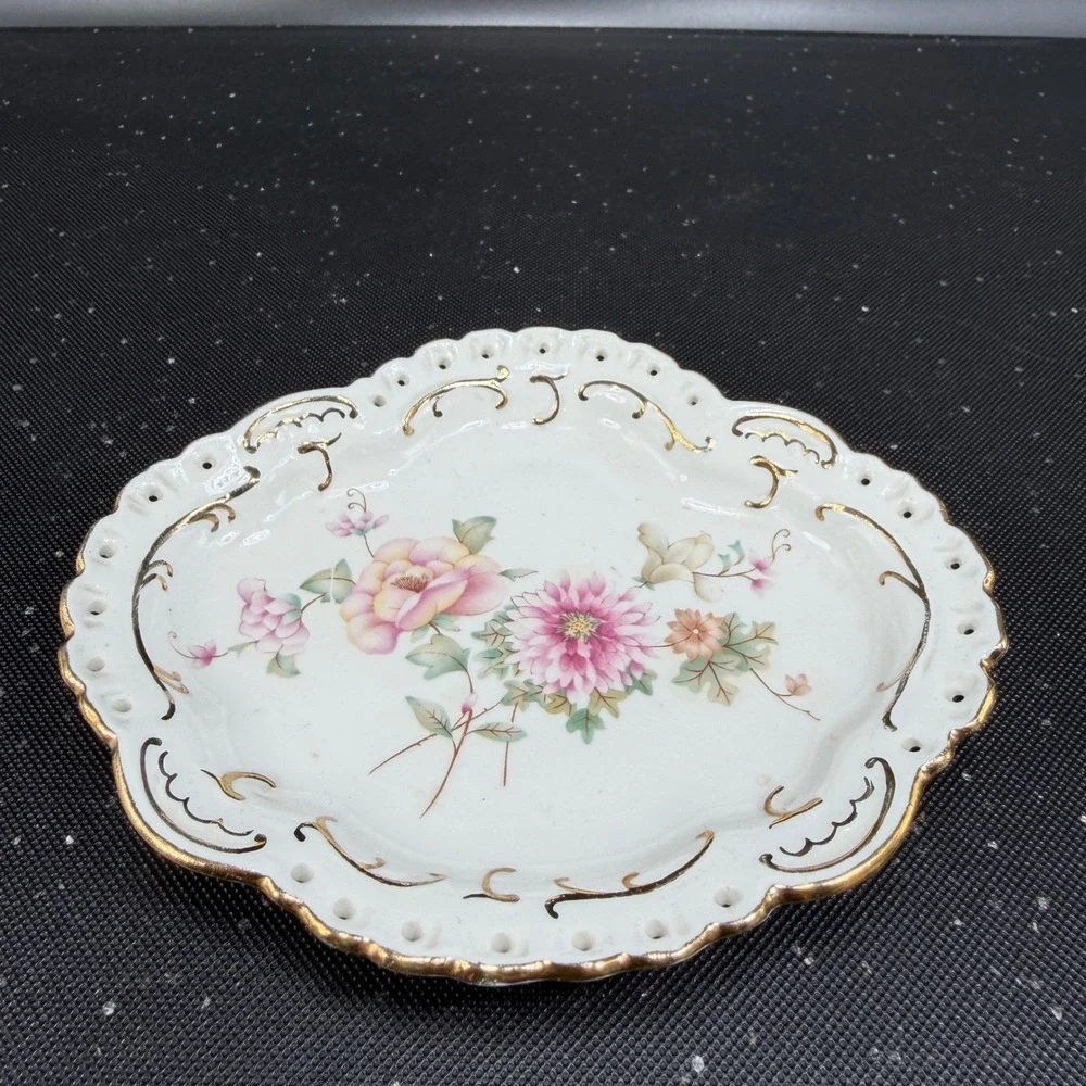 Aquincum Budapest Porcelain Trinket Dish Floral Gold Gilt Reticulated 5 Inch